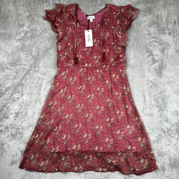 Myra Bag Dresses & Skirts - Myra Bag Women Small Mauve Dress Midi Flutter Sleeve Tassle Chiffon Floral Toggl